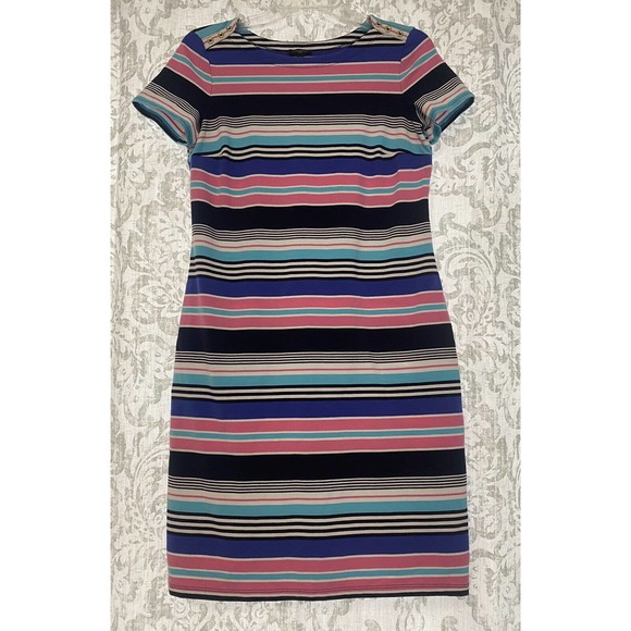 Talbots Multicolor Stripe Jersey Shift Dress Gold Button SP S Petite - Picture 3 of 8